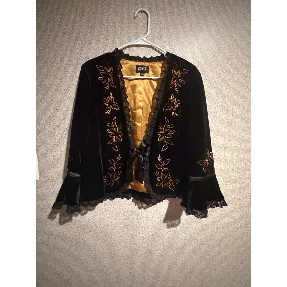Adrianna Papell Boutique Black Velvet Embroidered Lace Bell Sleeve Jacket 10